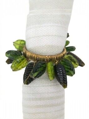 SET OF 6 Crate & Barrel Green Beaded Leaves & Gold Napkin Rings